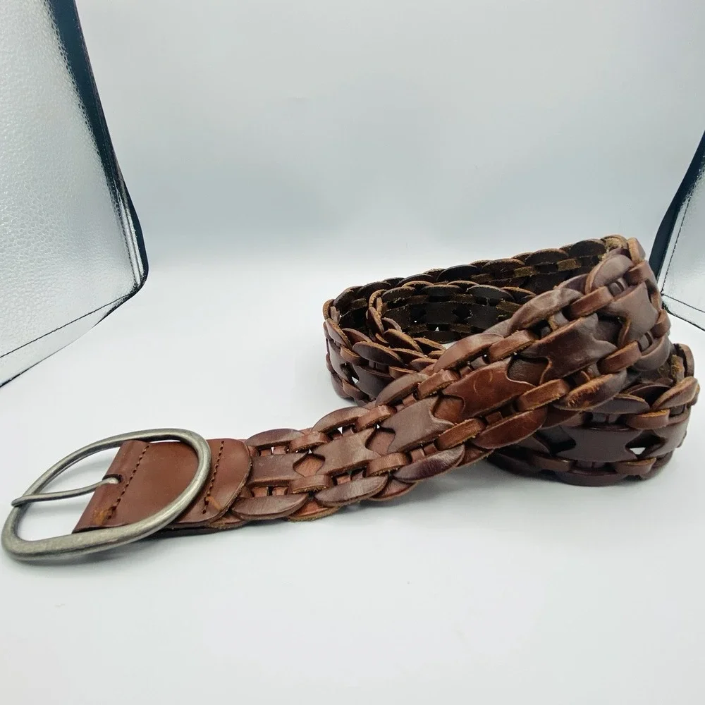 Hollister Wide Braided Woven Wide Brown Genuine Leather Belt Size M/L